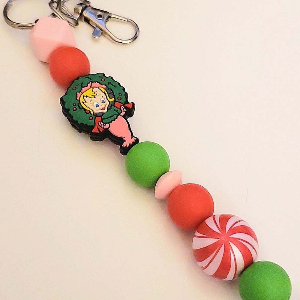 Handmade Holiday Grinch Cindy Lou Who Silicone Focal Bead Keychain